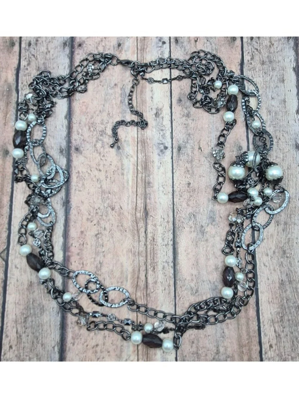 Premier Design Gun Metal Chain Necklace Faux Pearls Hammered Links Multi Strand